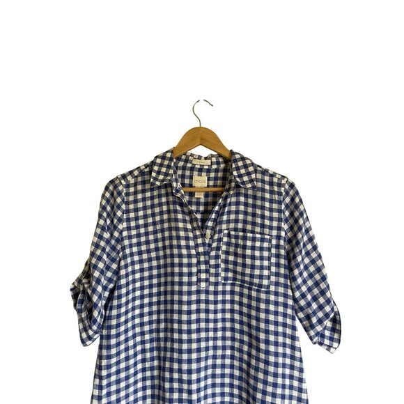 Chico's Size 0/Small/US 4 Blue White Buffalo Plaid Gingham No Iron 100% Linen Po - Picture 3 of 10